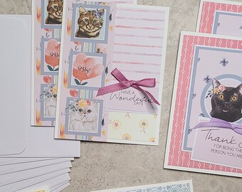 Cat & Floral Greeting Card Set: A2 Stationery with Envelopes