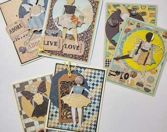 Funky Vintage Paper Doll Mixed Media Greeting Card Stationery Set