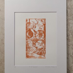 May include: A rectangular orange ink print on white paper featuring a detailed botanical pattern of overlapping leaves. The artwork is mounted in a white mat board with the handwritten title 10 of Leaves and a signature at the bottom edge.