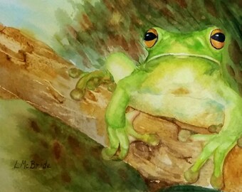 Little Green Frog original watercolor painting, 7 x 10 realistic frog painting, aquatic animal, frog art
