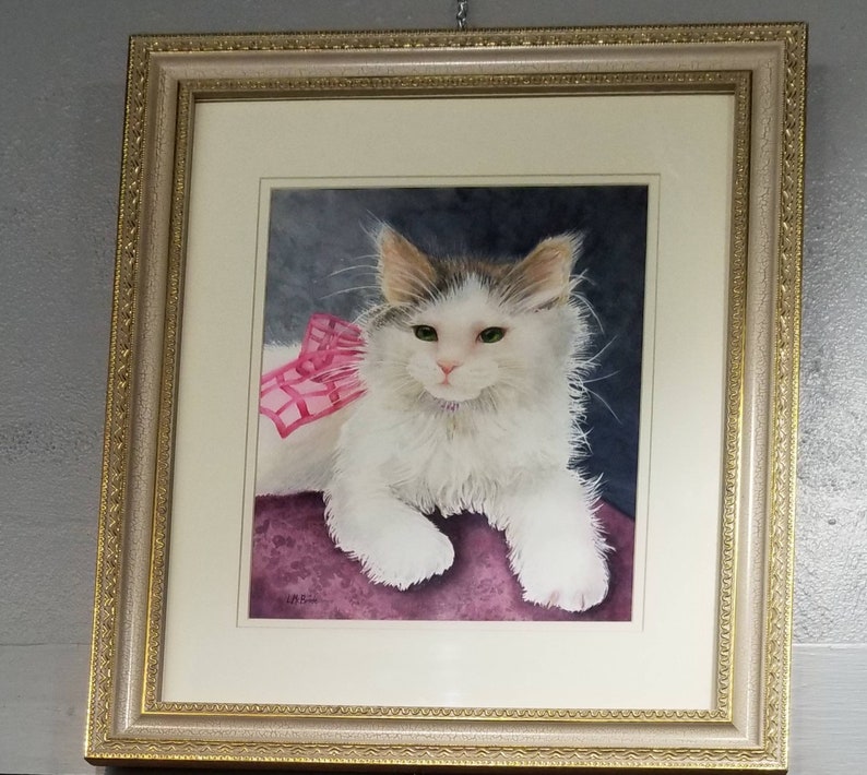 cat with pink ribbon White Cat original watercolor painting 11 x 15 realistic watercolor cat painting