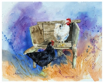 Poules et brouette 8 x 10 aquarelle originale