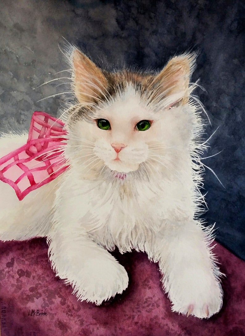 cat with pink ribbon White Cat original watercolor painting 11 x 15 realistic watercolor cat painting