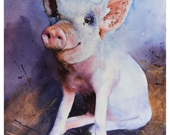 Joyeux cochon blanc 11 x 15 aquarelle originale