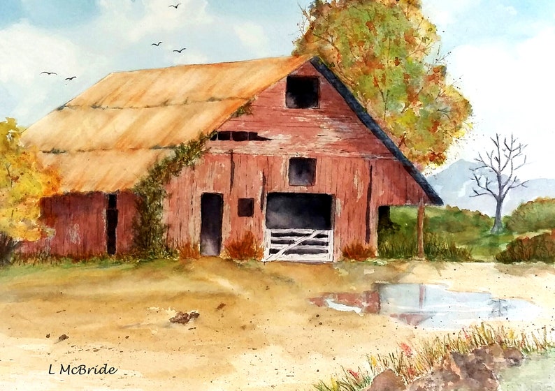 Red barn original watercolor painting 11 x 15 realistic old Etsy