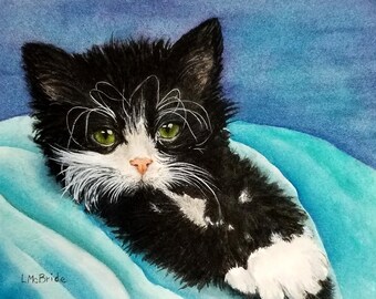 Black and White Tuxedo Cat on blue, blank art cards 3-1/2 x 5 or 5 x 7 card sets w/envelopes from my original art