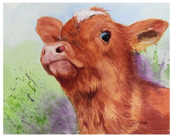 Aquarelle originale de vache avec attitude 11 x 15