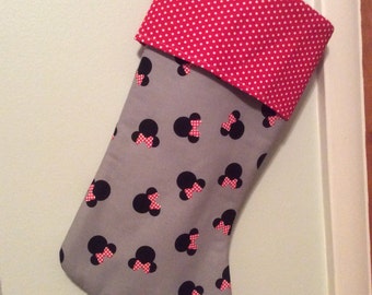 Minnie Mouse, Christmas, stocking, holiday decor, Disney, polka dots, gray, red