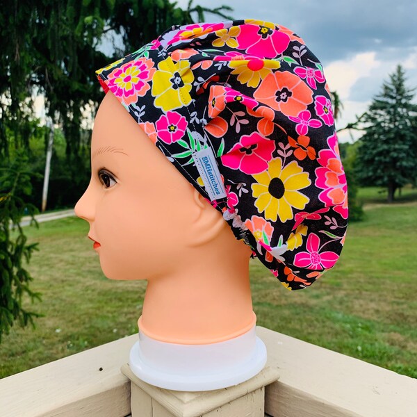 Neon floral surgical scrub hat, bouffant scrub cap, bouffant surgical cap,