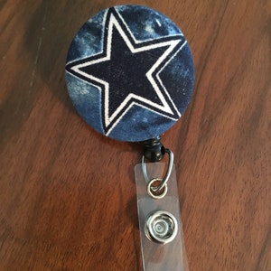 Dallas cowboys, badge ID holder, fabric covered button Badge ID holder, retractable reel ID holder