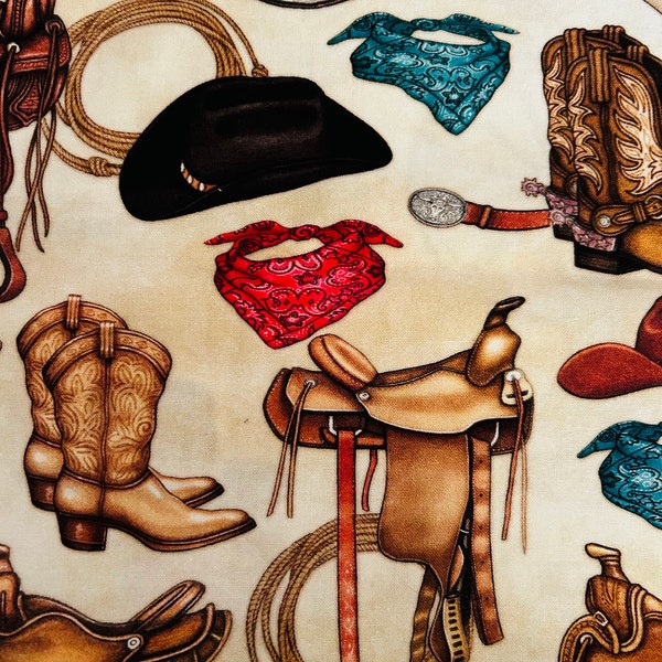 Western fabric, saddles, cowboy hats, cotton fabric, QT fabrics, Dan Morris Design, quilters cotton, sold by the yard