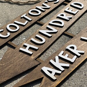 May include: Three wooden arrow signs with white painted lettering. The top sign reads "Colton's", the middle sign reads "Hundred", and the bottom sign reads "Aker Wood".