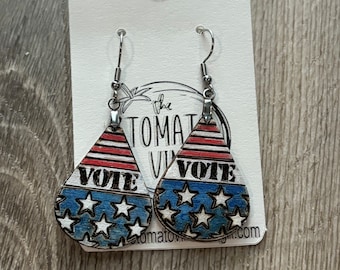 Pendientes de madera con la bandera estadounidense VOTO, joyería patriótica