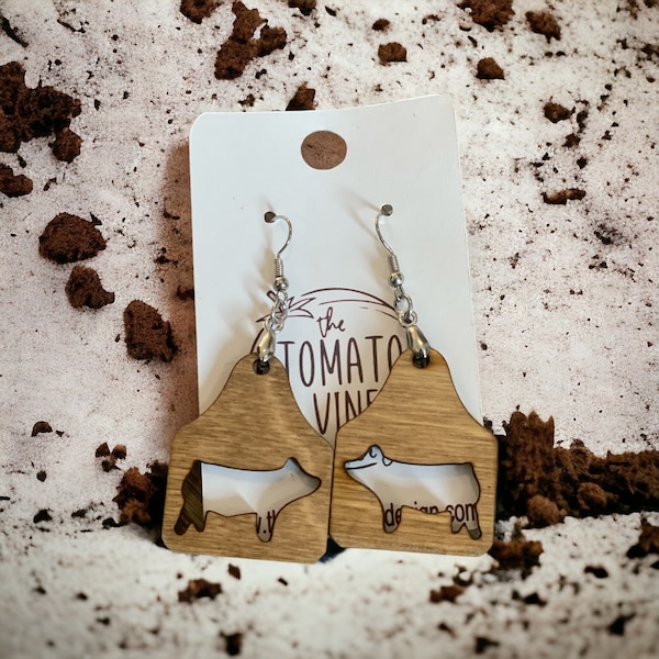 Laser Cut Wood Livestock Tag Earrings, 4H Club Show Steer Pig