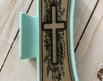 Leatherette Hair Clip, Engraved Cross and Flowers