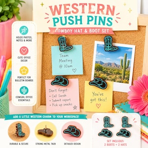 May include: A set of Western-themed push pins featuring brown and turquoise cowboy boot and cowboy hat designs. The pins are displayed on a cork bulletin board holding various notes and a photo. The set includes two boot pins and two hat pins.