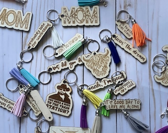 Engraved Wood Keychain, Personalized Tassel Keyring