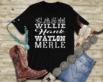 Camiseta de grandes del country: Cash, Willie, Hank, Waylon, Merle