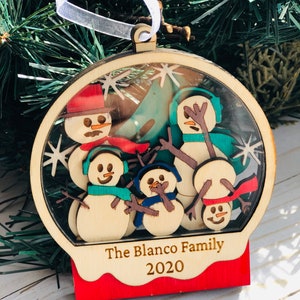 Snowflake Family Portrait Snowglobe Ornament | Personalized, laser cut wood