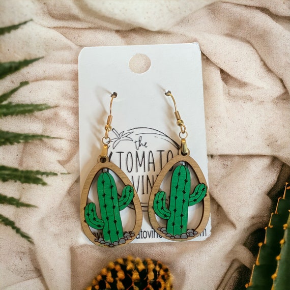 Cactus Tear Drop Wood Earrings, Lightweight Dangle Earrings, Country  Earrings, Hand painted earrings