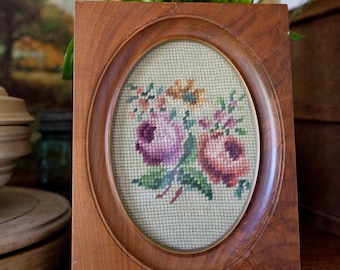 French antique embroidery cross stitch in a wooden oval frame Canvas Vintage multicolored embroidery French floral French canvas