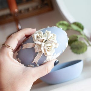 Vintage Egg Trinket Box- Floral Trinket Box- Blue Egg