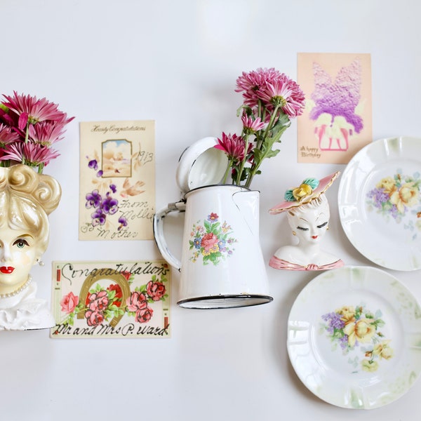 Vintage Lady Head Vase and Enamel Floral Pitcher