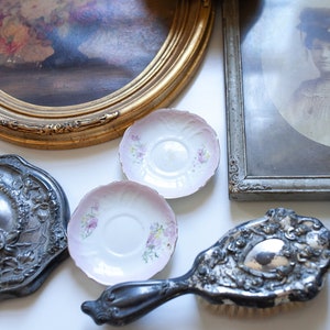 Vintage art nouveau hand mirror and brush- Vanity Decor- Silver Mirror- Brush- Floral