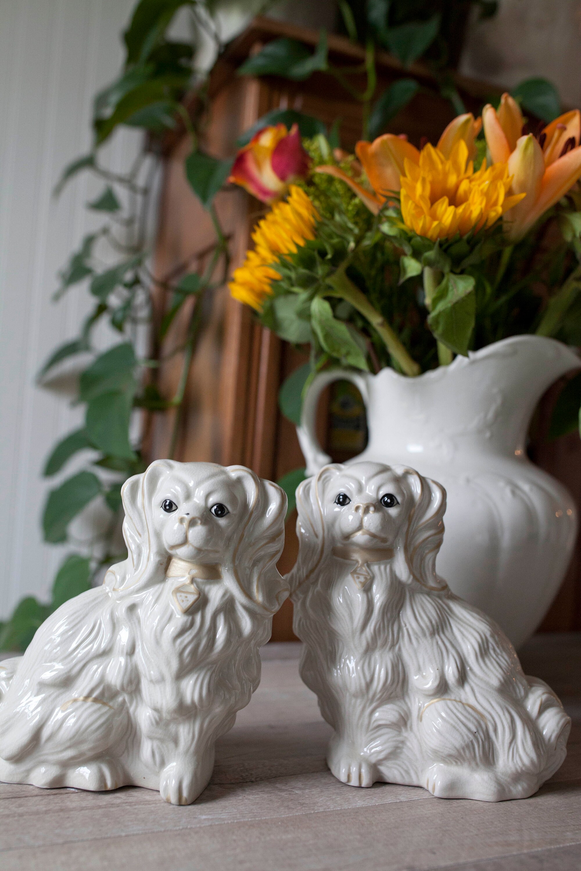 Antique Ceramic Dog Statues, Vintage Porcelain Dog Figurine, Victorian