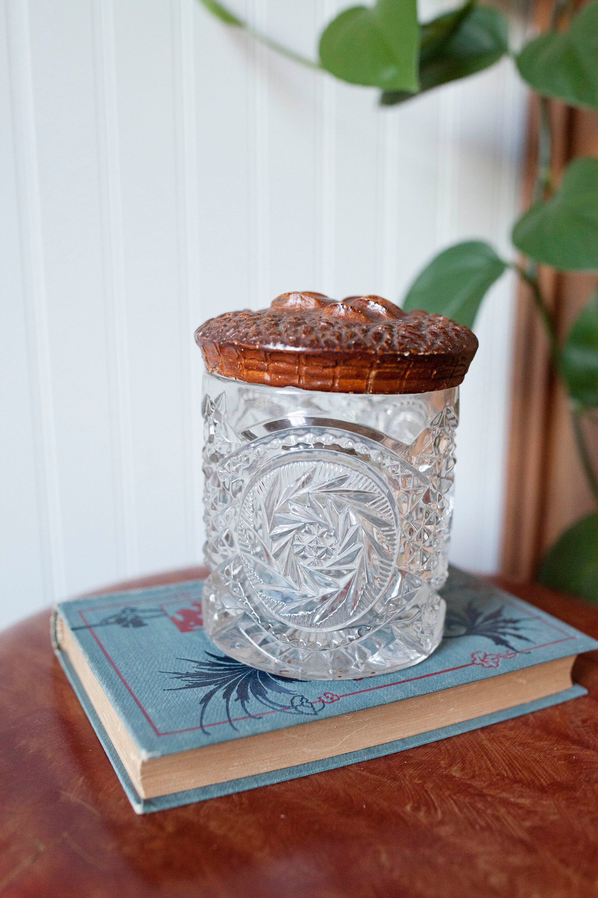 Vintage Cut Glass Jar with Wood Lid Etsy