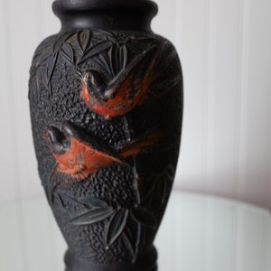 Vintage Black Vase with Birds- Orange And black Vase-Vintage Birds-Tokanabe Ware