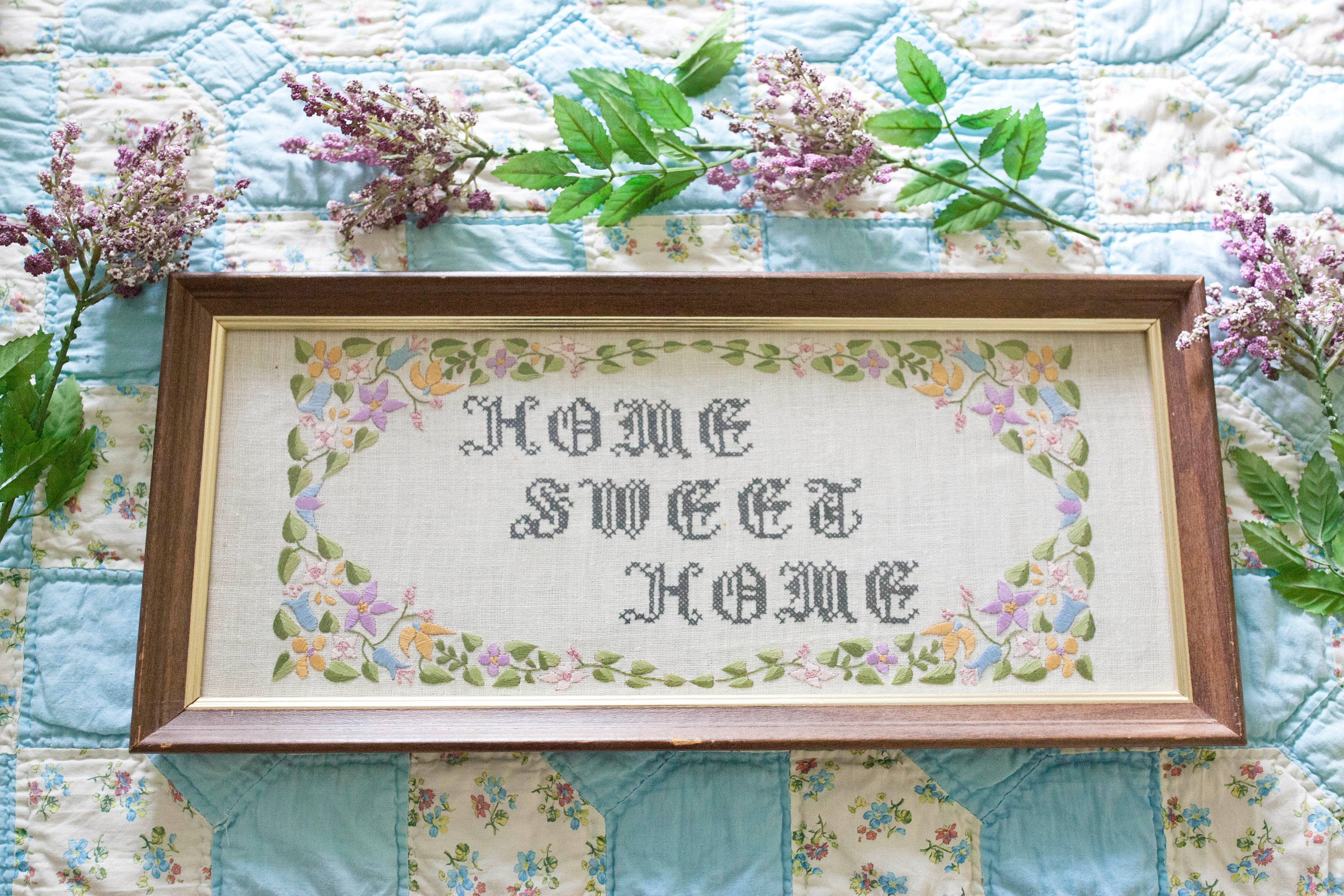 Home Sweet Home Stitched Artwork Framed- Home Art- Flowers- Needlepoint