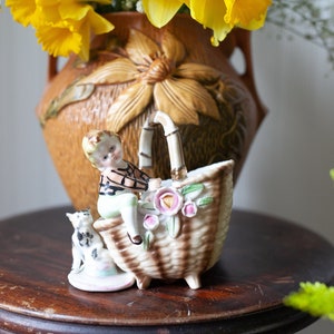 Vintage Cat and Child Figurine - Ucagco Basket with Flowers