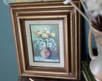 Vintage Floral Painting in Gold Frame, Signed Flower Artwork, 12 x 14 Inch Framed Wall Art, Cottage Decor