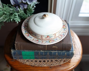 Vintage Stained Rustic Round Butter Dish with Cover and butter plate with a floral design-