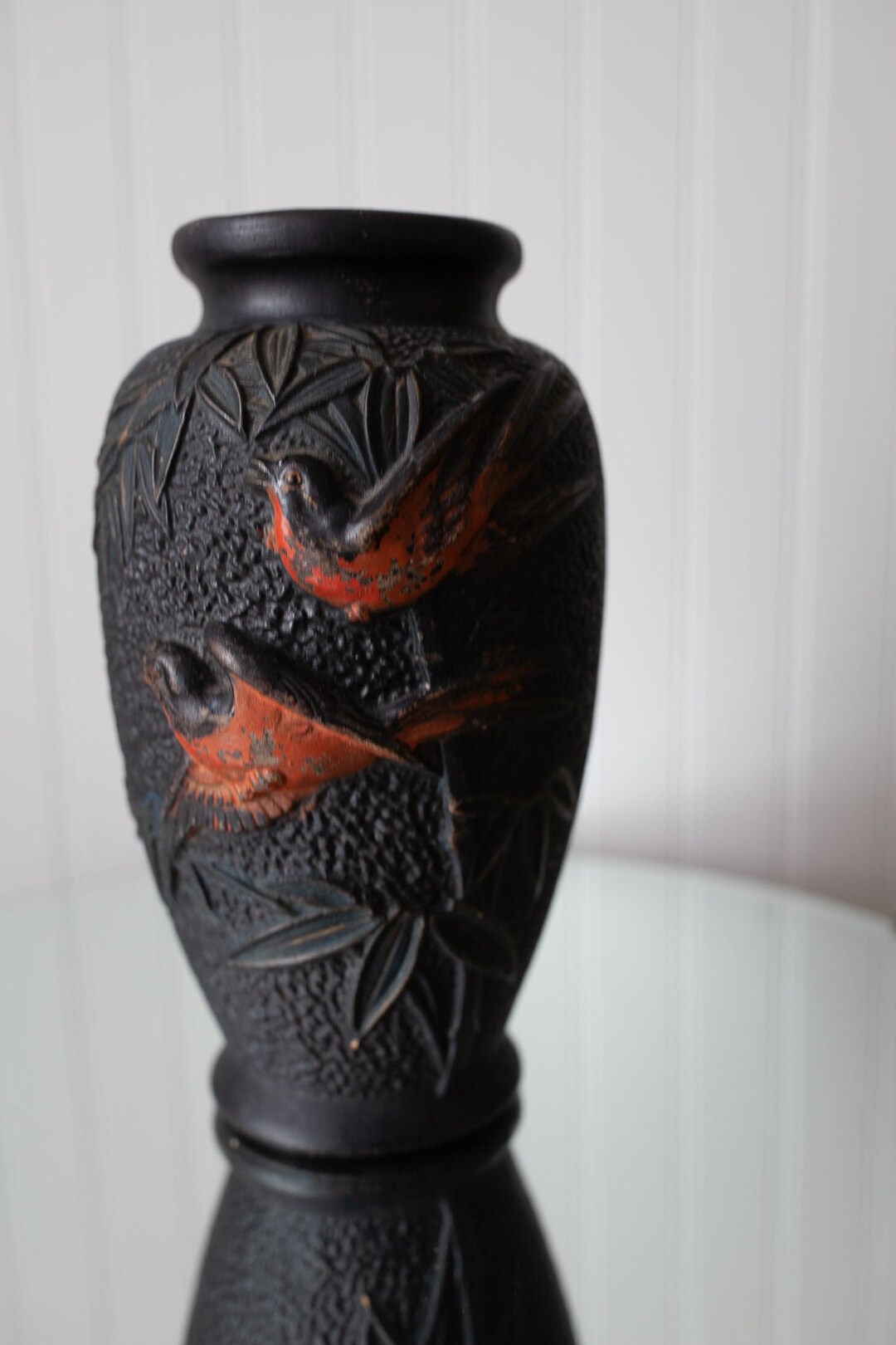 Vintage Black Vase With Birds Orange and Black Vasevintage Birds