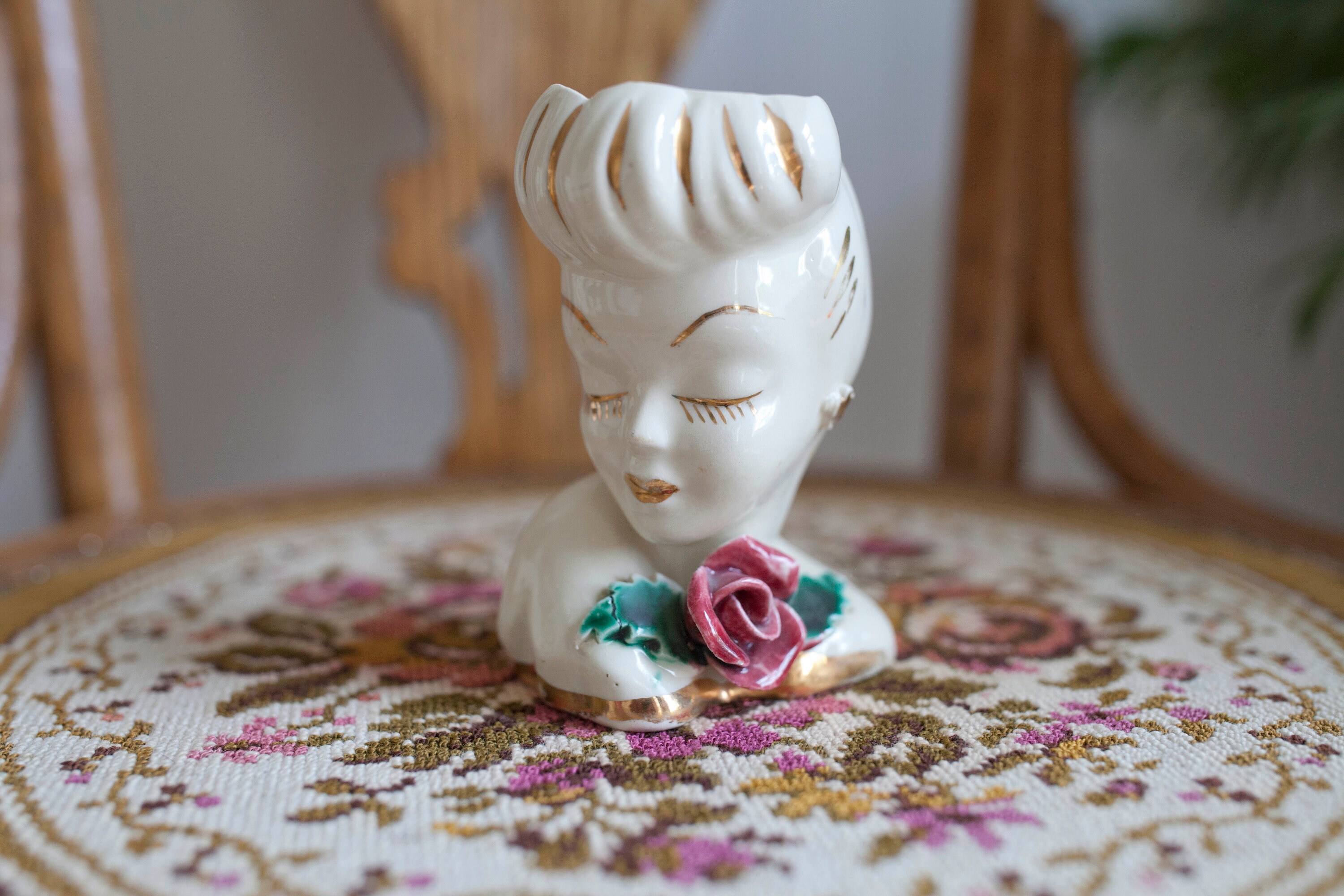Vintage Glamour Girl Head Vase Lady Headvase with a Flower