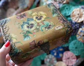 Victorian Celluloid Paper Covered Box -Floral Pansy Box