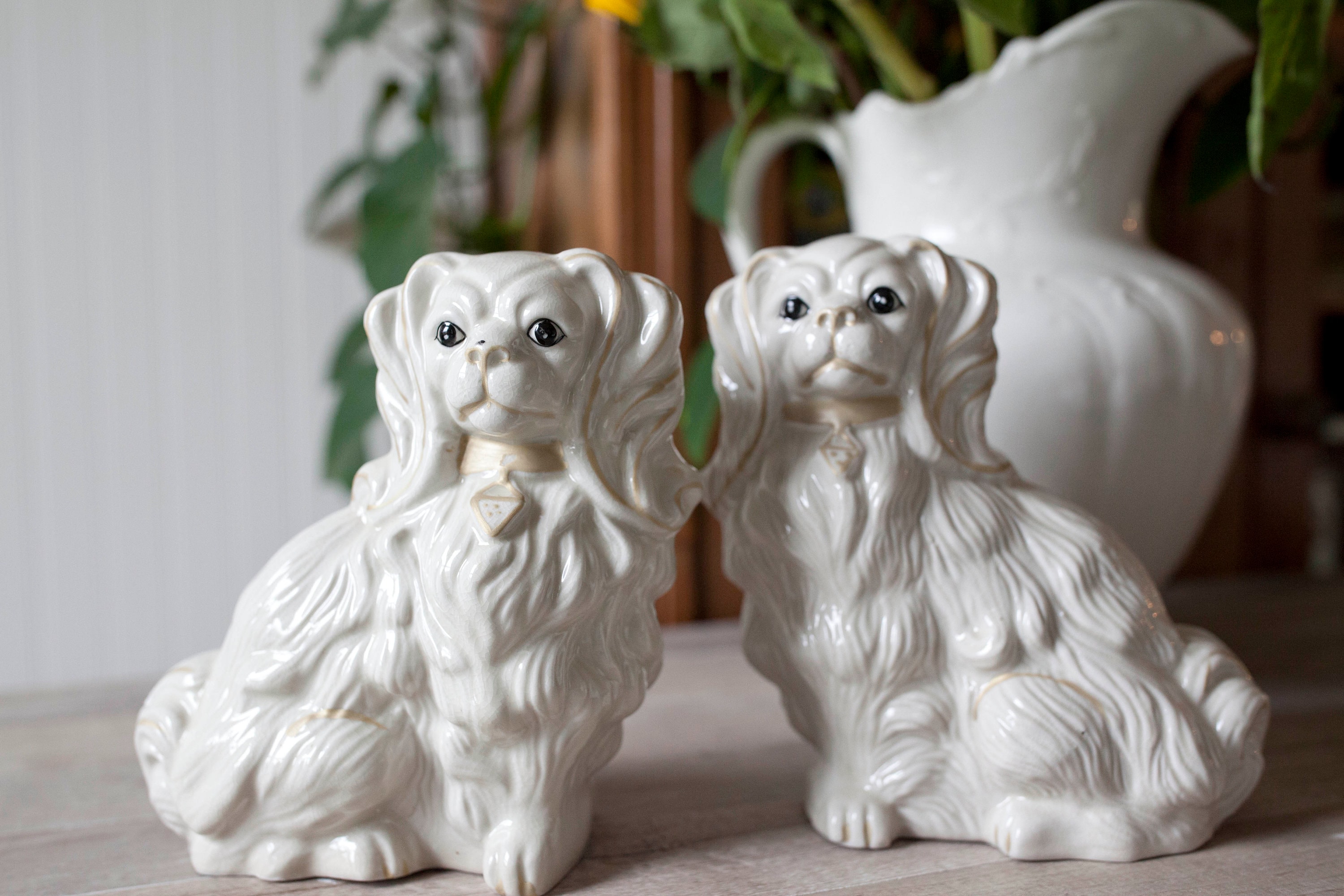 Antique Ceramic Dog Statues, Vintage Porcelain Dog Figurine, Victorian Mantel Shelf Decor