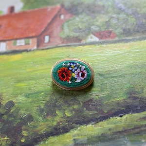 Vintage Micro Mosaic Brooch Pin - Green Floral Micro Mosaic Jewelry