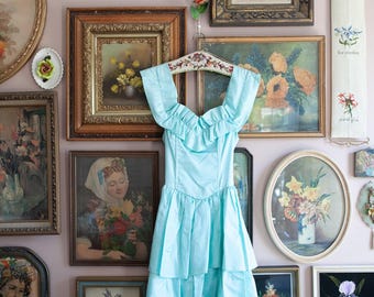 Vintage Dress- Vintage Prom Dress- 2/4 Minty Green Tiered off the shoulder dress