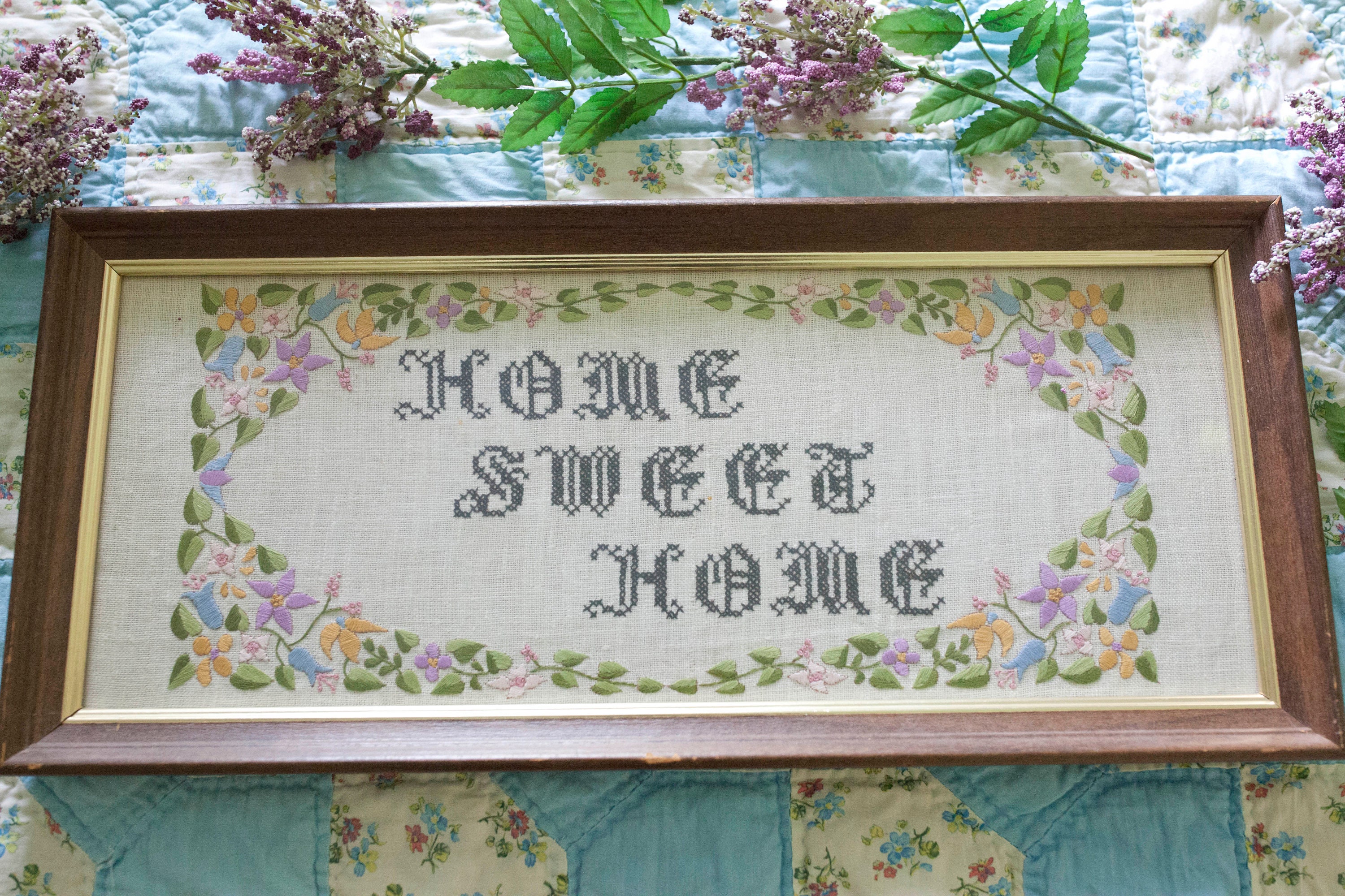 Home Sweet Home Stitched Artwork Framed- Home Art- Flowers- Needlepoint