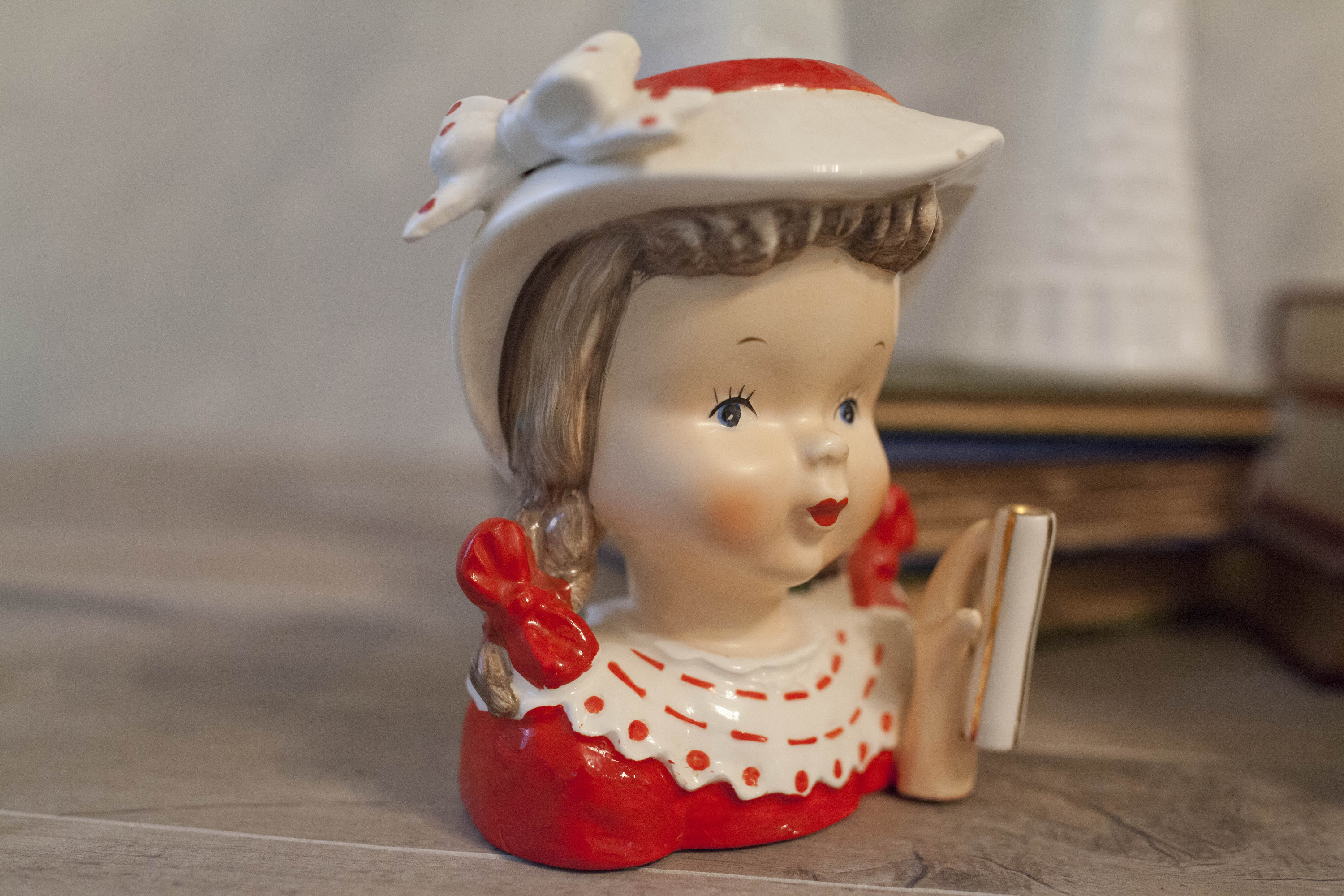 Vintage Umbrella Girl Head Vase Lady Headvase Red and White
