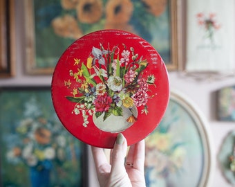 Vintage Floral Tin - Flower Red Tin - Vintage Tin - Candy Tin