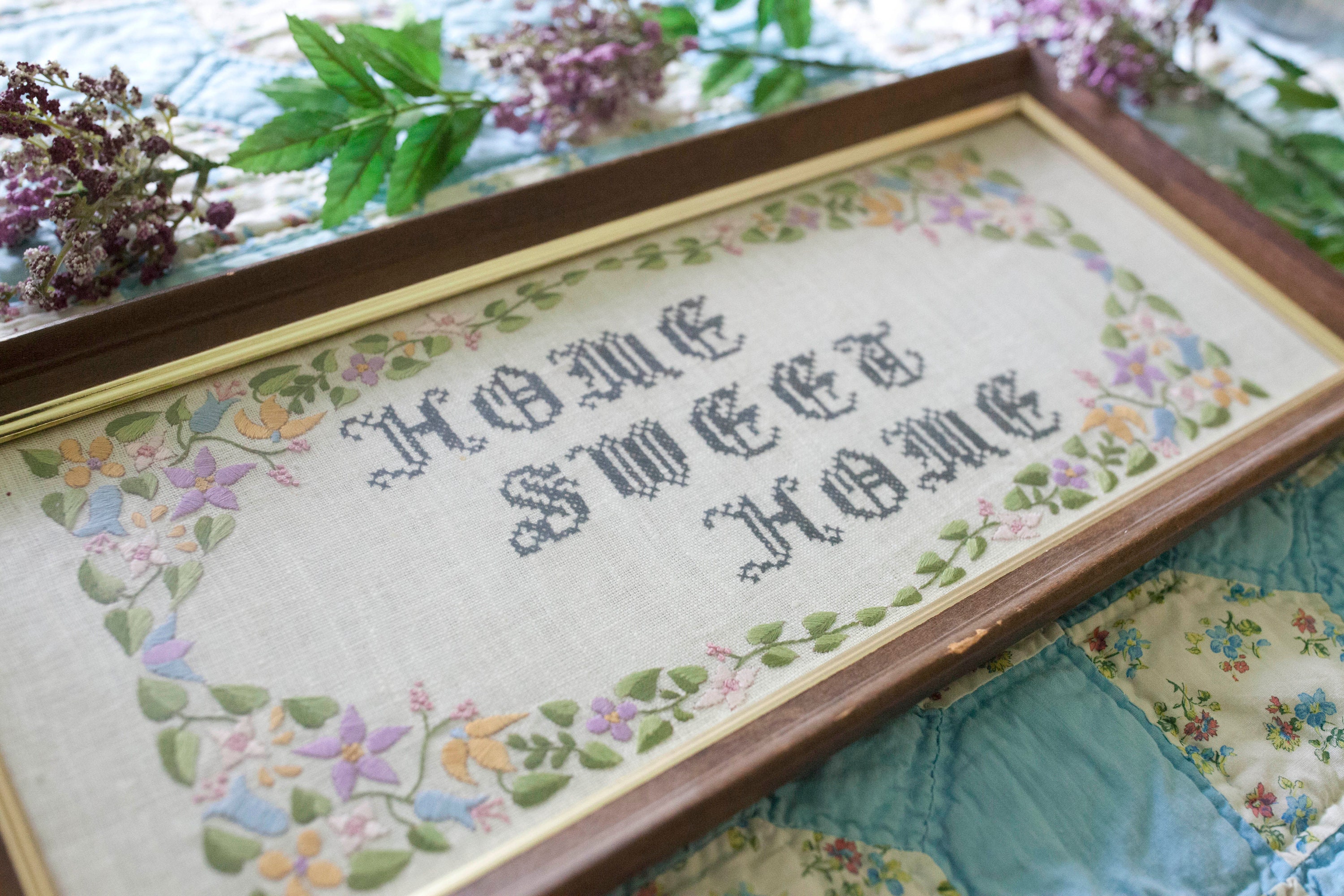 Home Sweet Home Stitched Artwork Framed- Home Art- Flowers- Needlepoint