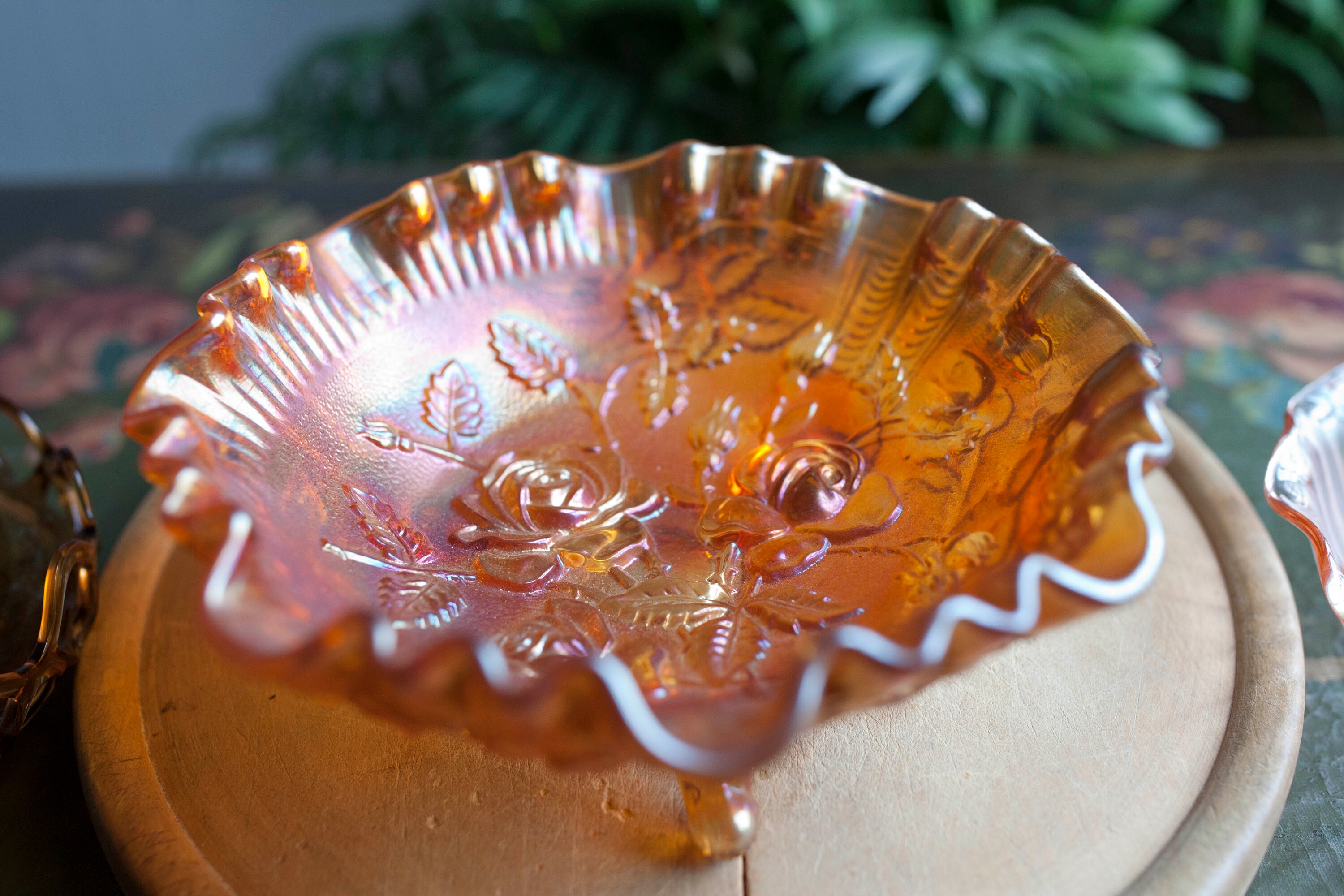 Vintage Orange Carnival Glass Footed Bowl with Roses Etsy