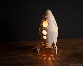 Rocket Night Light - Wooden Bedside Lamp - Space Themed Kid's Room and Nursery Decor