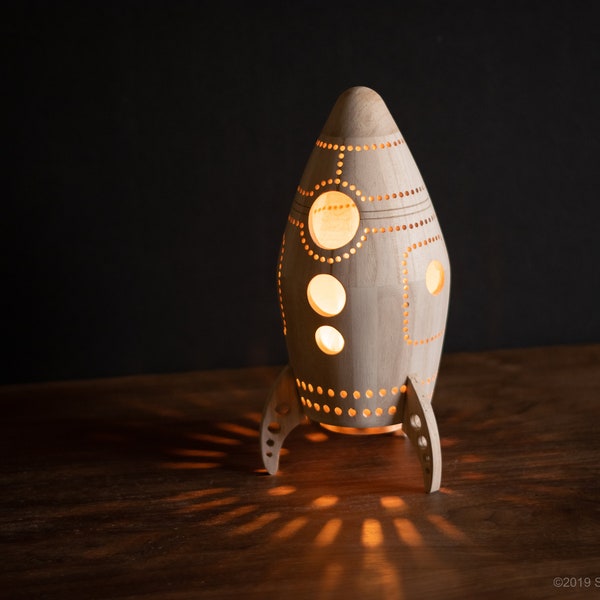 Rocket Night Light - Wooden Bedside Lamp - Space Themed Kid's Room and Nursery Decor