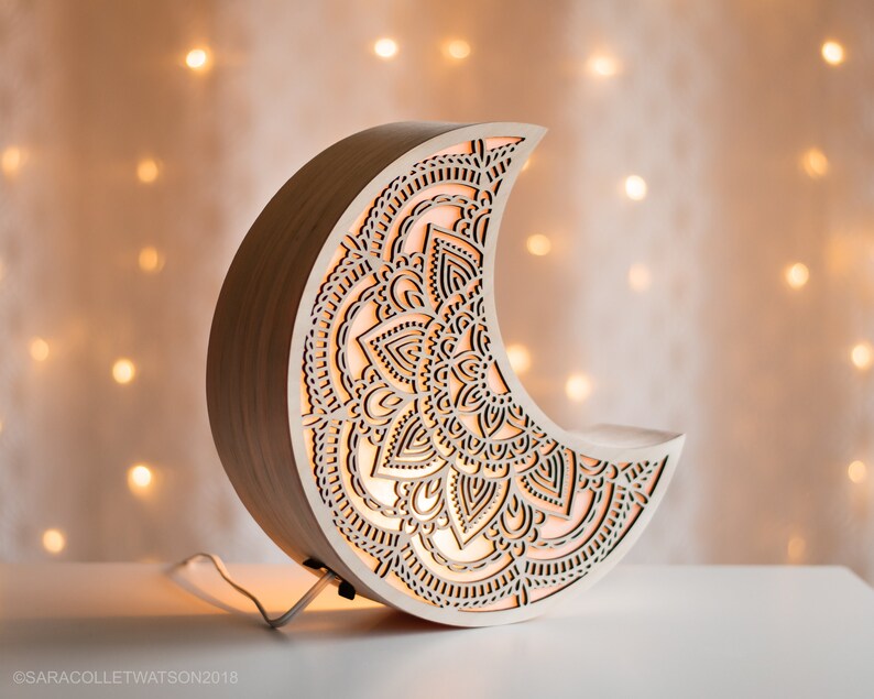 Limited Edition Mandala Moon Night Light Wooden Crescent Image 0