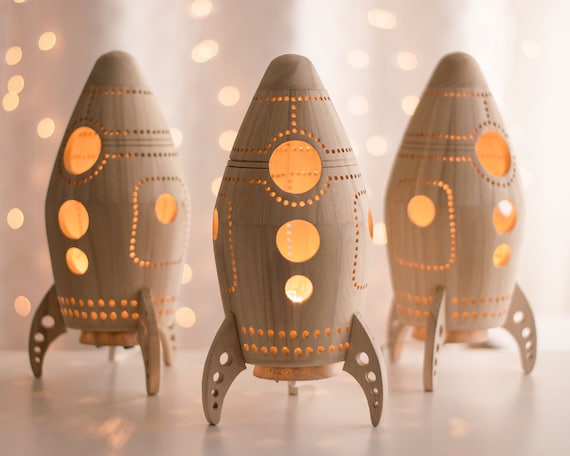 Rocket Night Light - Wooden Bedside Lamp - Space Themed Kid's Room and Nursery Decor